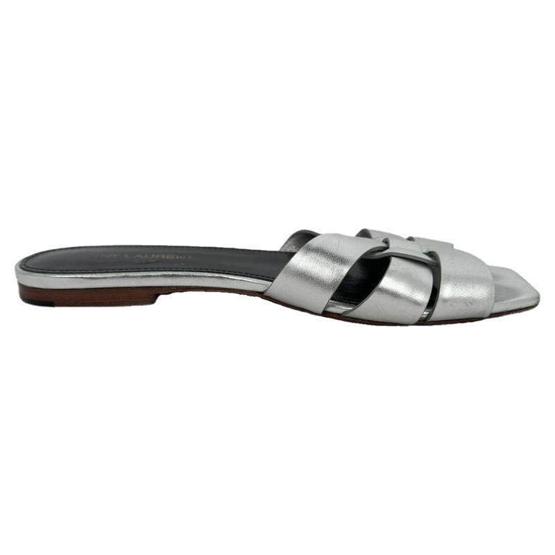 Saint Laurent Tribute Woven Metallic Slides In Silver Leather